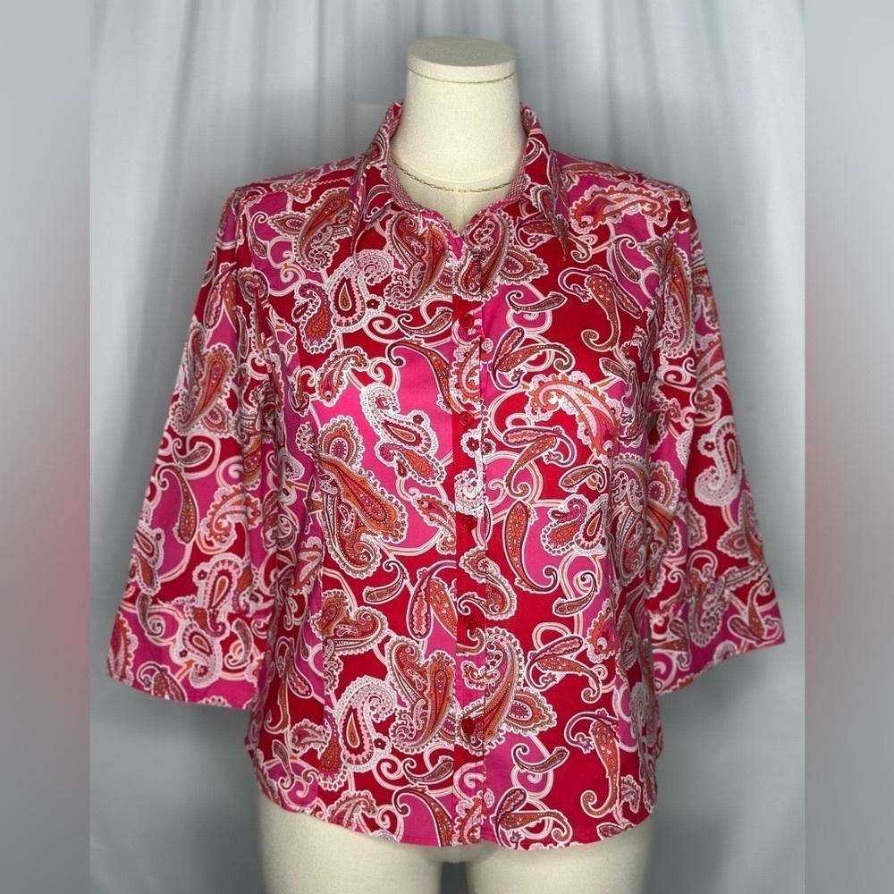 Rebecca Malone Pink and Red 3/4 Sleeve Button Down Shirt (832)